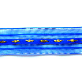Organza ribbon, blue with gold pattern, 1 inch. Pkg of 3 meters.