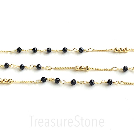 Rosary Chain,beaded, gold brass link,4mm black glass rondelle,1m