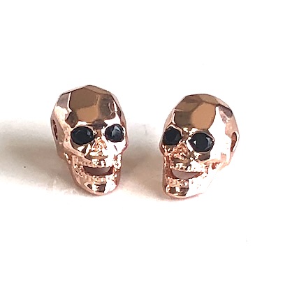 Bead, brass, rose gold, 8x13mm skull with crystals. ea
