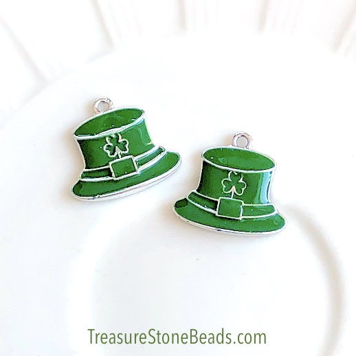 Charm / Pendant, 23x18mm shamrock hat, green silver, Enamel. ea