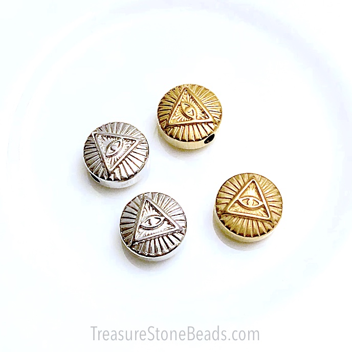Bead, stainless steel, 9.5mm coin, eye in triangle. Each