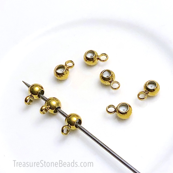 Charm hanger, stainless, gold, 4mm ball, silicone slider. 2pcs