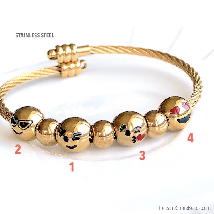 Bead, stainless steel, gold, 10mm emoji, 3. large hole: 4mm. Ea