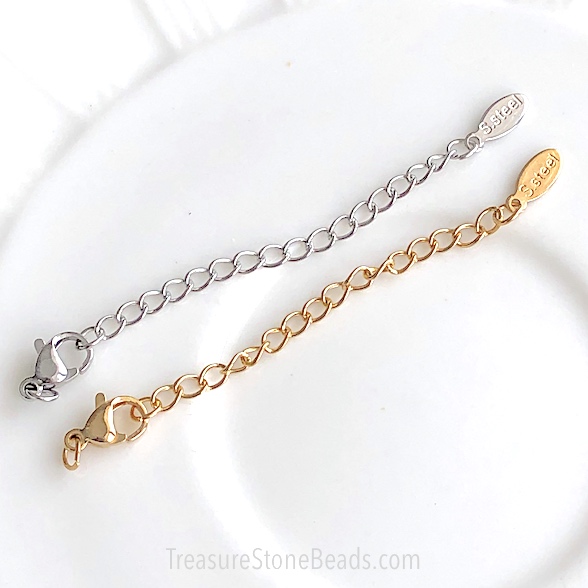Extension Chain, stainless steel, 5mm. Oval stainless charm.3pcs