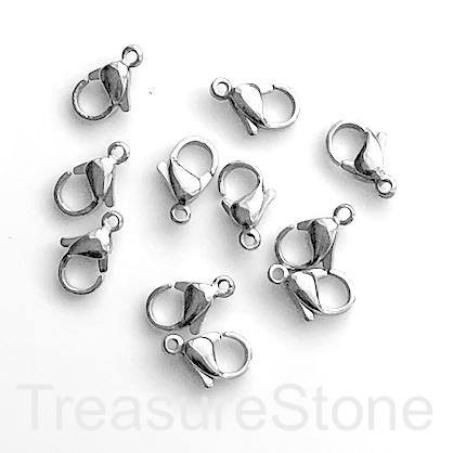 Clasp, lobster claw, stainless steel, 7x12mm. Pack of 4