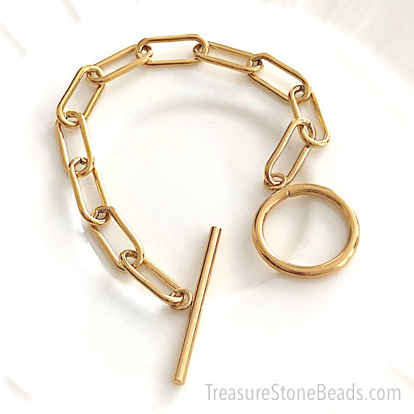 Chain, stainless steel, gold plated, paperclip, 7". one bracelet