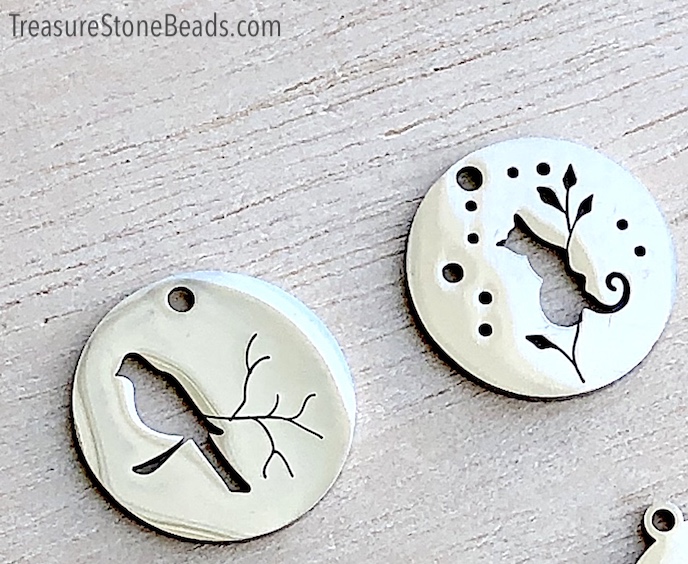 Charm, pendant, stainless steel, 20mm bird on branch. each