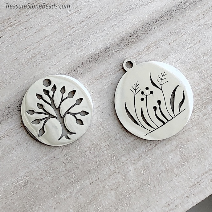 Charm, pendant, stainless steel, 18mm grass, flower. each
