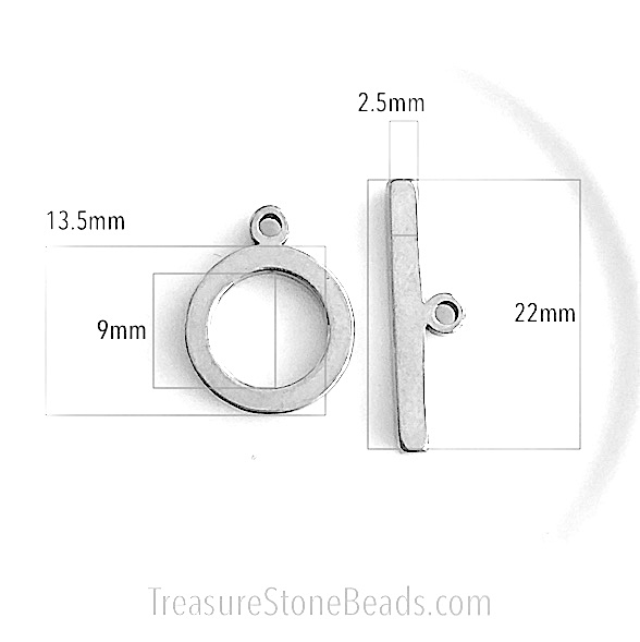 Clasp, toggle, stainless steel,22/ 13.5mm. per pair