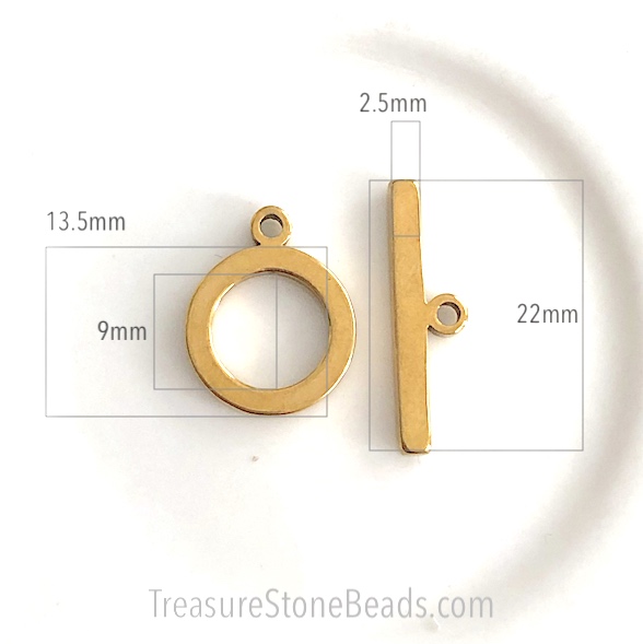 Clasp, toggle, stainless steel, gold plated,22/ 13.5mm. per pair