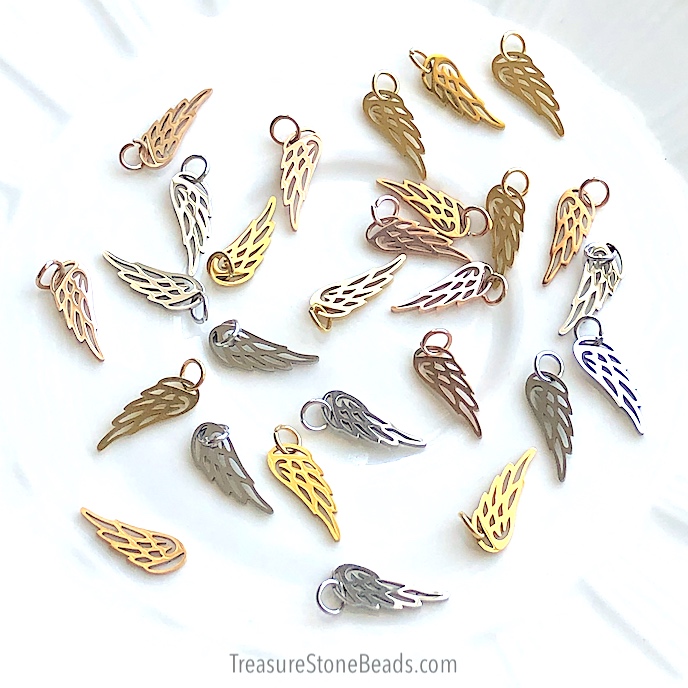 Charm, pendant, rose gold stainless steel, 6x17mm angel wing. ea