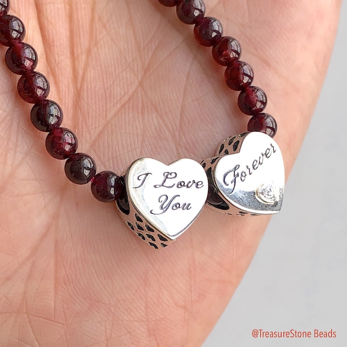 Bead, sterling silver, 12mm, large hole, 4mm, I Love you. ea