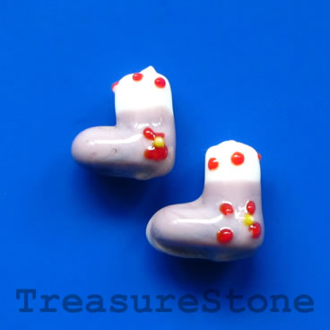 Bead, lampwork, violet, 13mm Christmas stockings. Pkg of 2