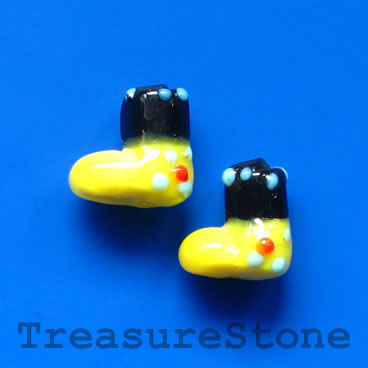 Bead, lampwork,yellow 1, 13mm Christmas stockings. Pkg of 2