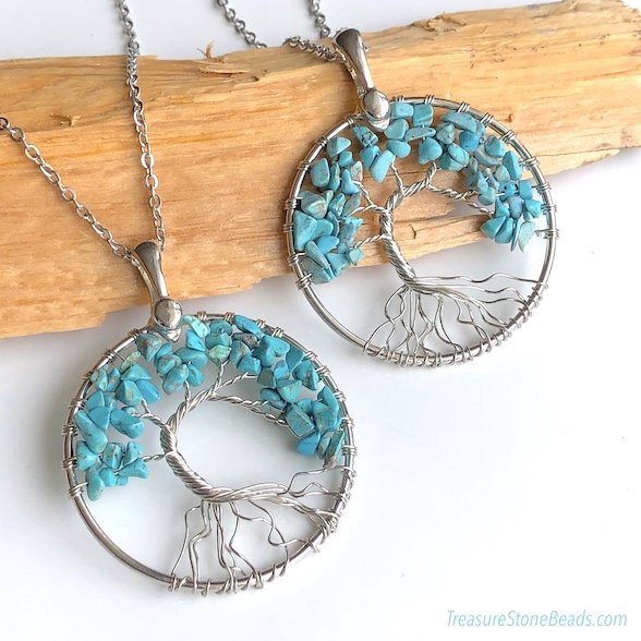 Pendant, synthetic turquoise, 46mm Tree of Life, silver.Ea