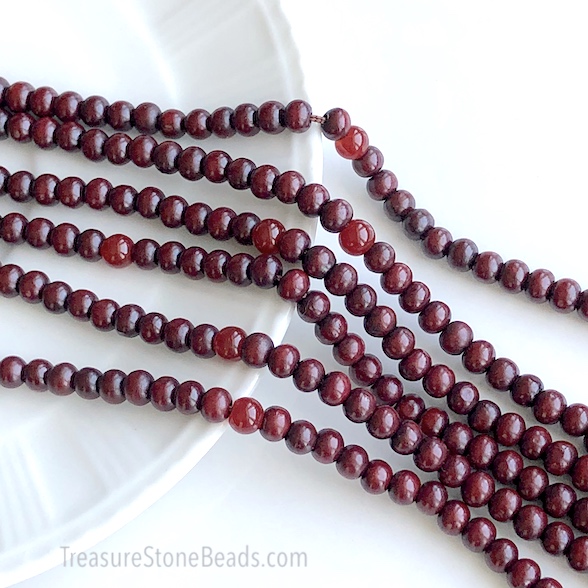 Bead, wood, dark red, about 6mm round. 108pcs,plus 3 resin beads